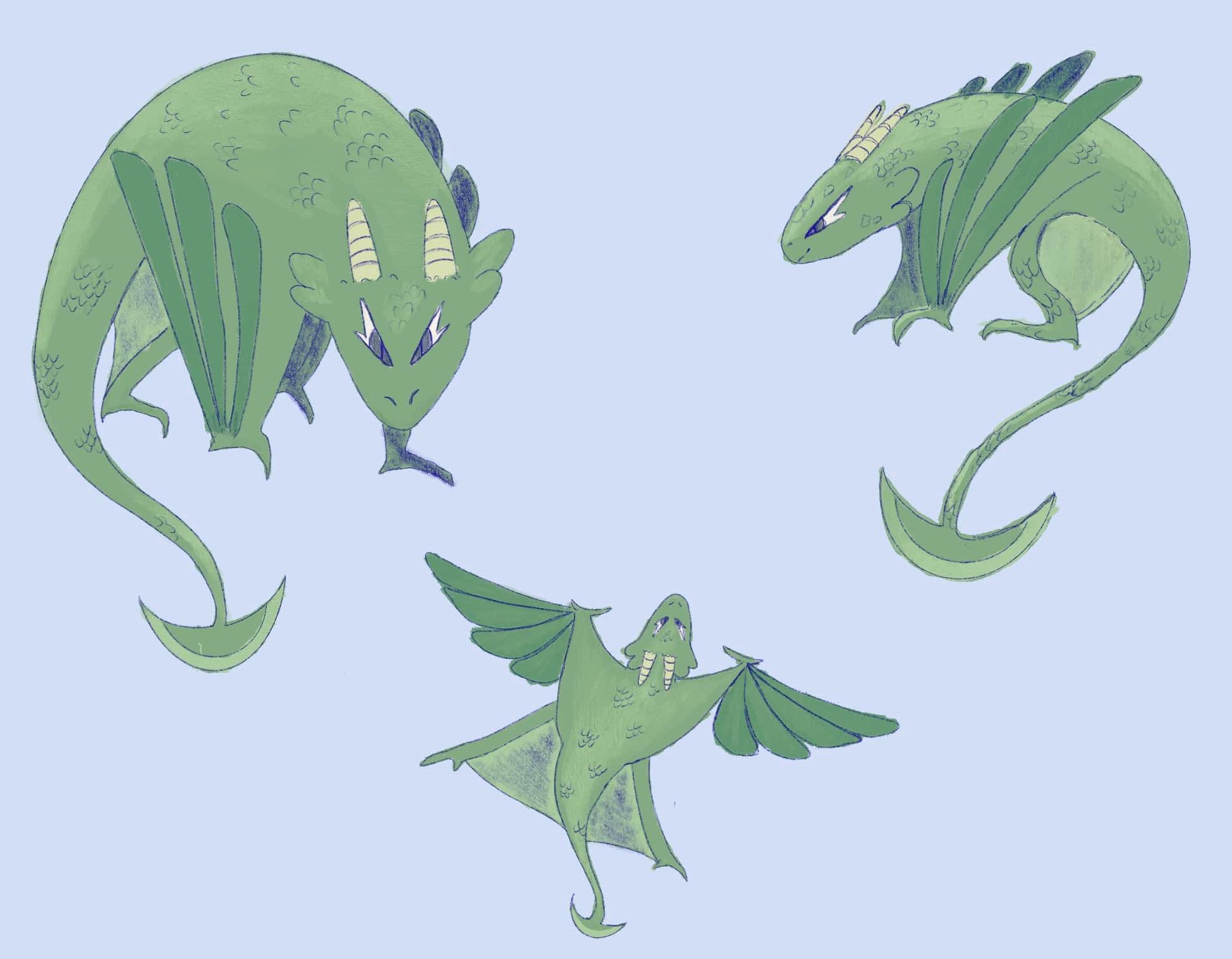 Three drawings of the same dragon design, The dragon is green, has small horns, feather like wings, and an axe-like tail