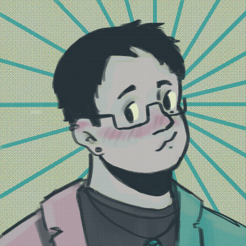 A cartoony face with short hair and glasses looking to the right, The background is a spiral