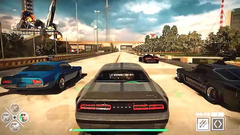 screenshot of the gameplay, driving a car from a third person point of view