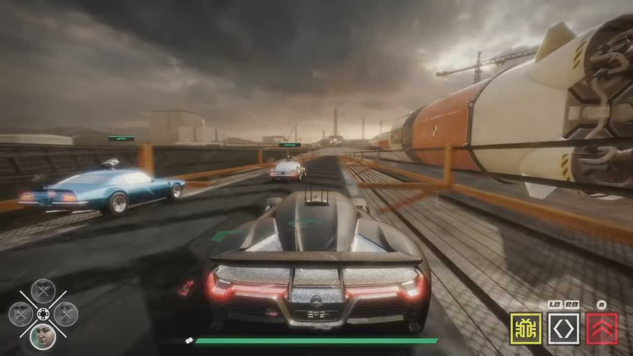 screenshot of cars chasing a rocket